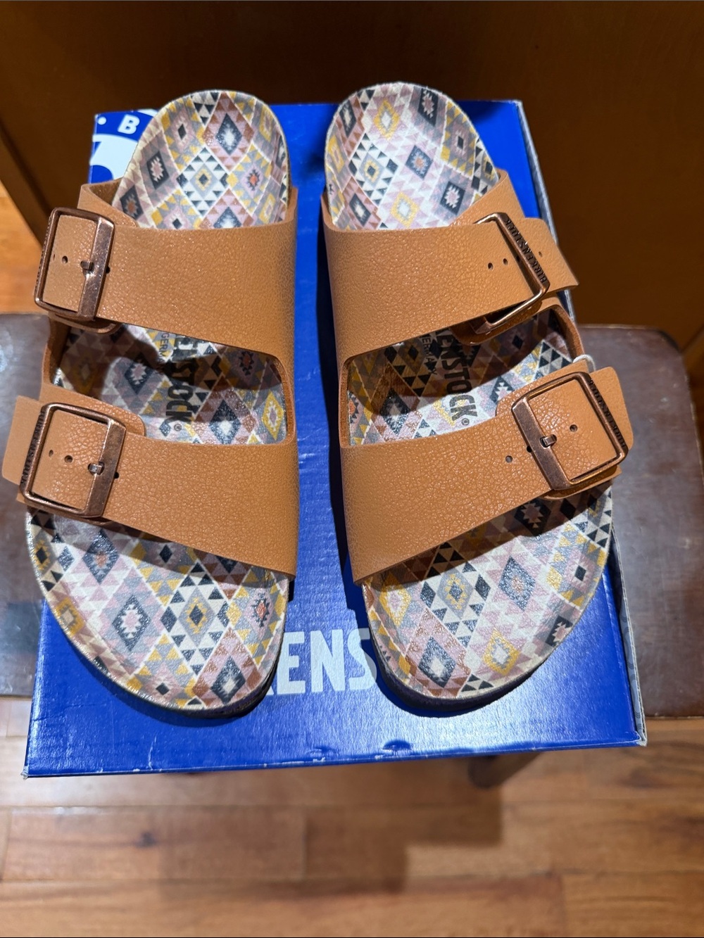 Birkenstock Two-Strap Tan Slide Sandals with Patterned Footbed
